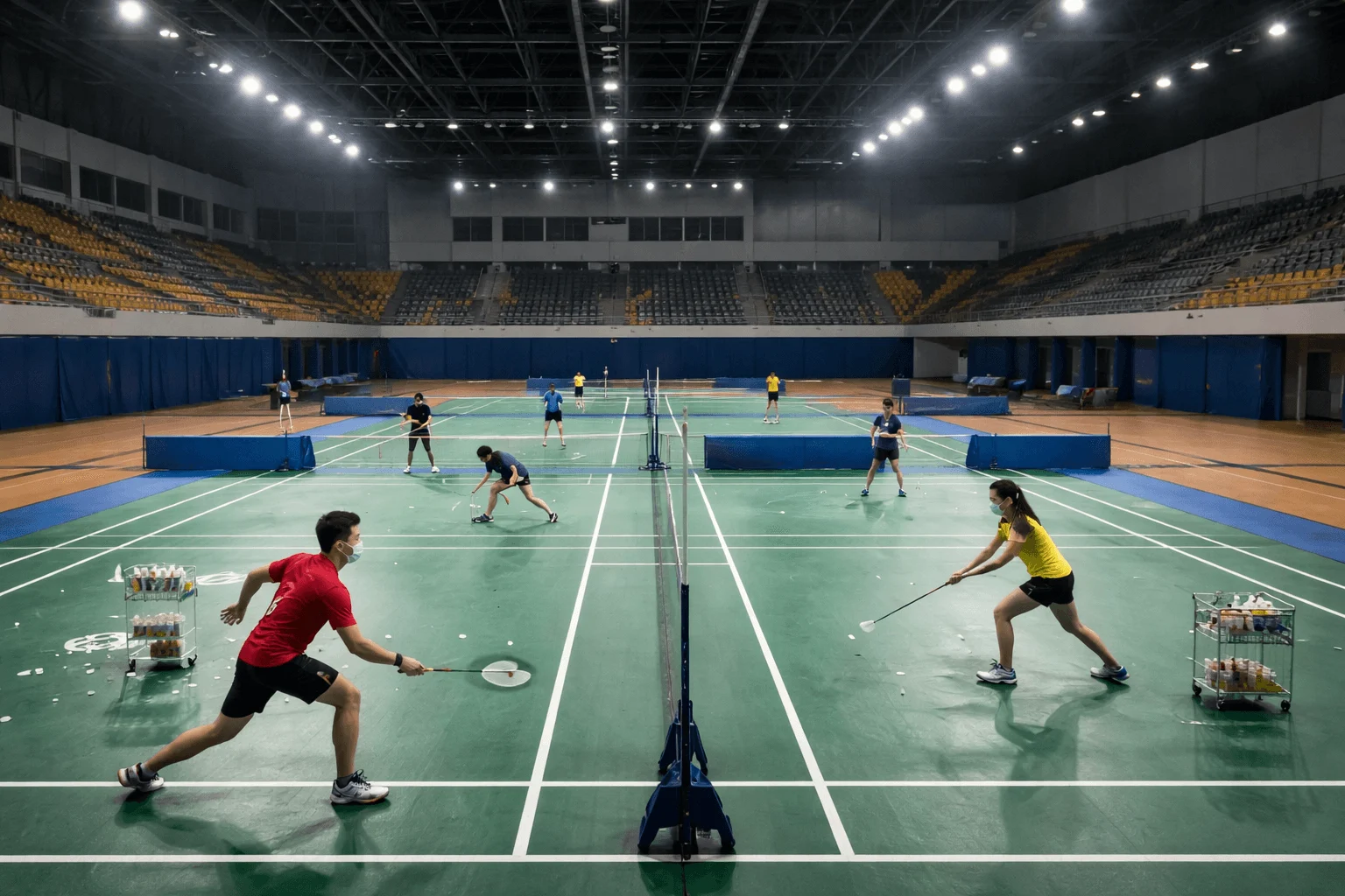 badminton players training in empty stadium during COVID-19 pandemic